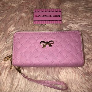 Pink Quilted Pattern Gold Bow Embellished Wallet with Removable Wristlet Strap